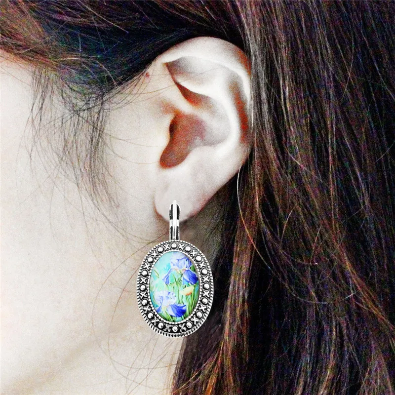 Oval Acrylic Daffodil Flower Earrings Vintage Pendant For Women Antique Silver Plated Fashion Jewelry TE446 | Украшения и