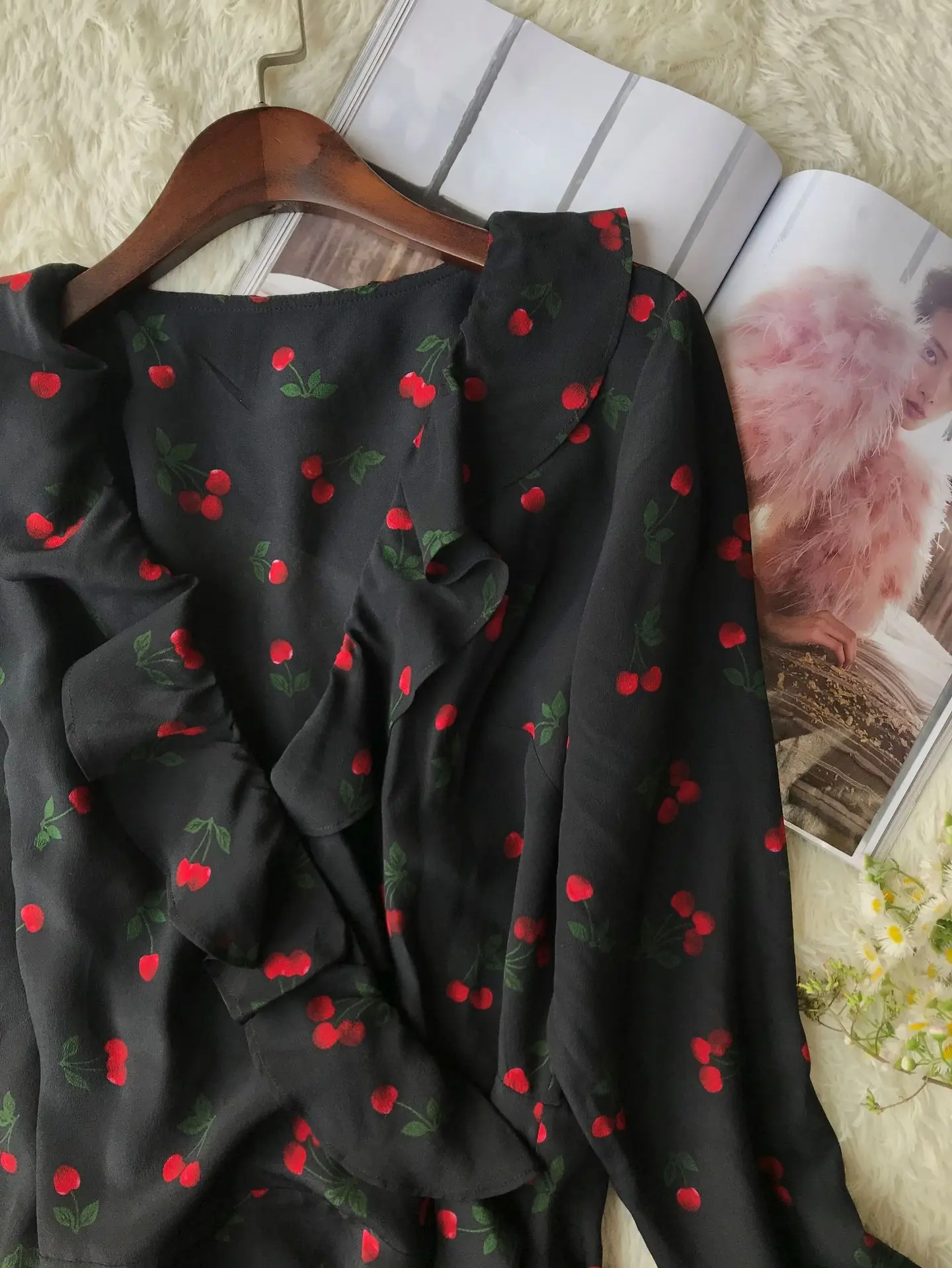 Женское платье, весна и лето, цельное, романтичное, с оборками, с принтом вишни, шелковое, с длинным рукавом, платье