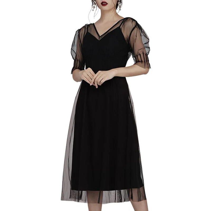 INDRESSME 2019 New Sexy Lace Mesh V Neckline A Line Little Black Dress Midi Party Vestidos Women Outfit | Женская одежда