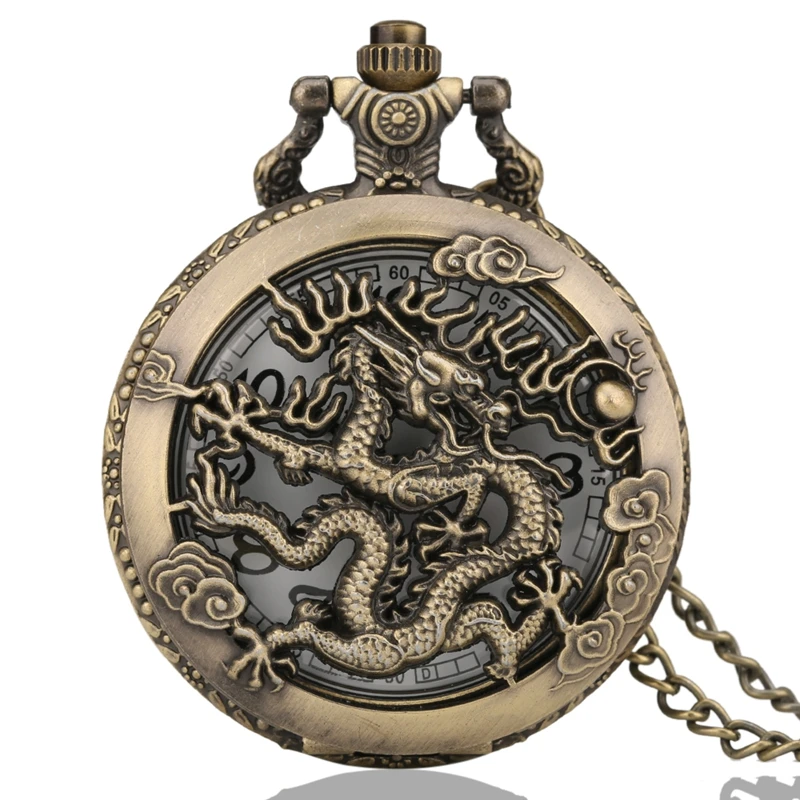 

Antique Vintage Dragon Pocket Watch Hollow Pendant Zodiac Quartz Steampunk Men Women Unique Necklace Chain relojes de bolsillo