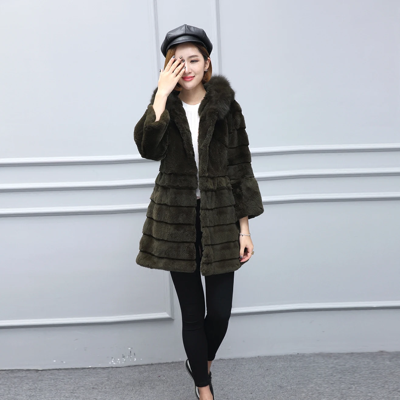 Real fox fur collar hooded natural rex rabbit coats outerwear women wave cut whole skin jackets plus size S - 4XL | Женская одежда
