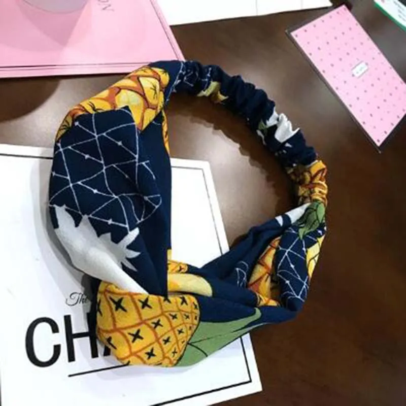 Chic Fruit Ananas Print Headband Handmade Bowknot Cross Elastic Hairband Headwrap Turban For Beach Hair Jewelry Fast Shipping | Детская