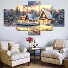 Картины для гостиной, домашний декор, Постер, 5 панелей, лесная хижина в снегу, Настенная картина, модульная рамка, HD Печатный современный холст