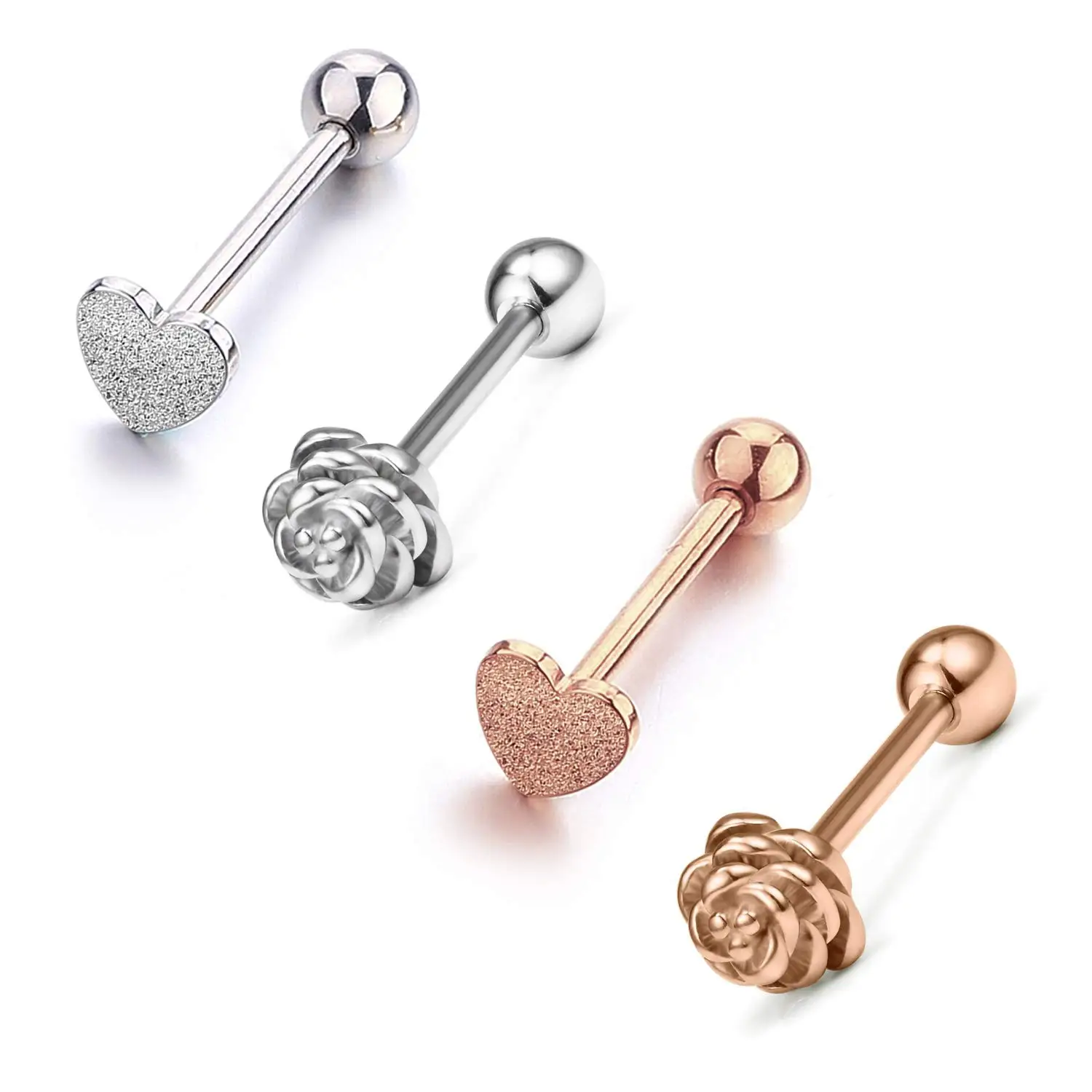 

JFORYOU 14G Stainless Steel Tongue Rings Barbells Heart Shape Rose Shape Tongue Piercing Jewelry