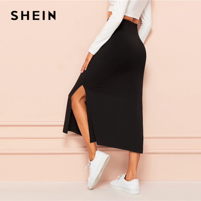 SHEIN Tie Waist Split Side Solid Skirt Black Full Length Knot Spring Autumn Shift High Waist Straight Sexy Skirt