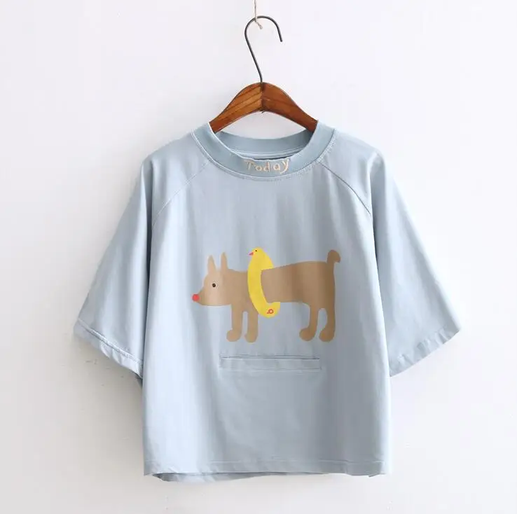 

Letters Embroidery Cartoon Dog Printing Short-sleeved Loose T-shirt Woman