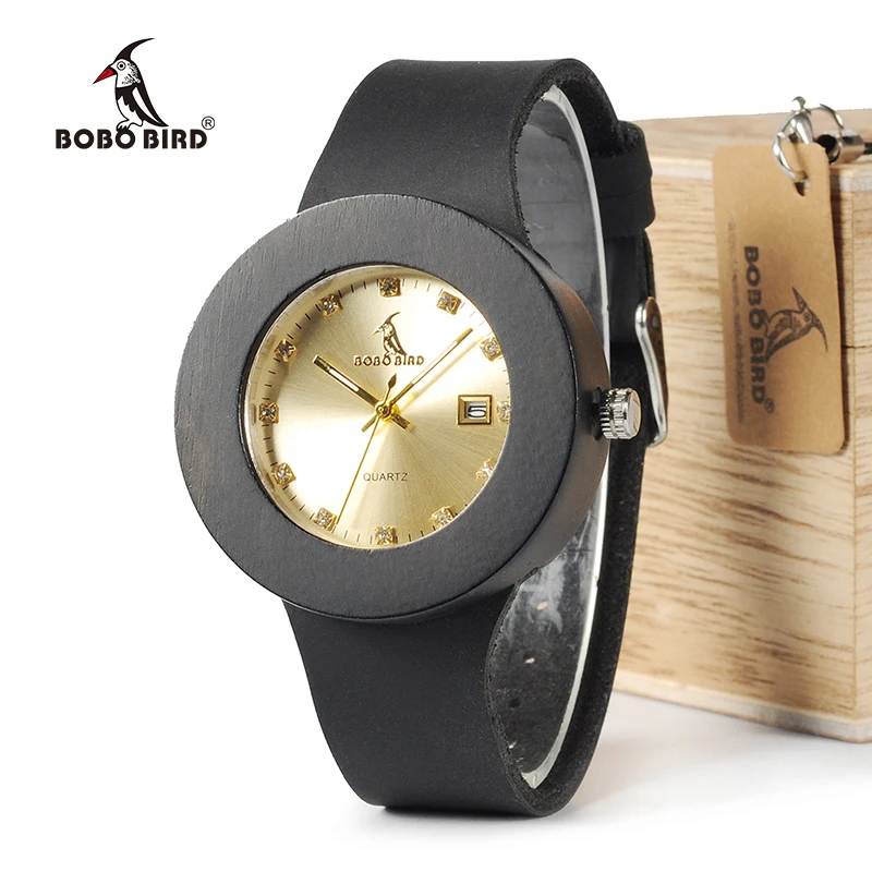 Часы BOBO BIRD C03 из черного дерева с мягким кожаным ремешком кварцевые золотые