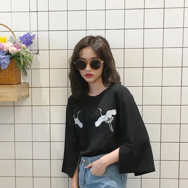 YouGeMan Женская футболка Летняя Корейская Ulzzang Harajuku Bf кран вышитая сплит рукавом