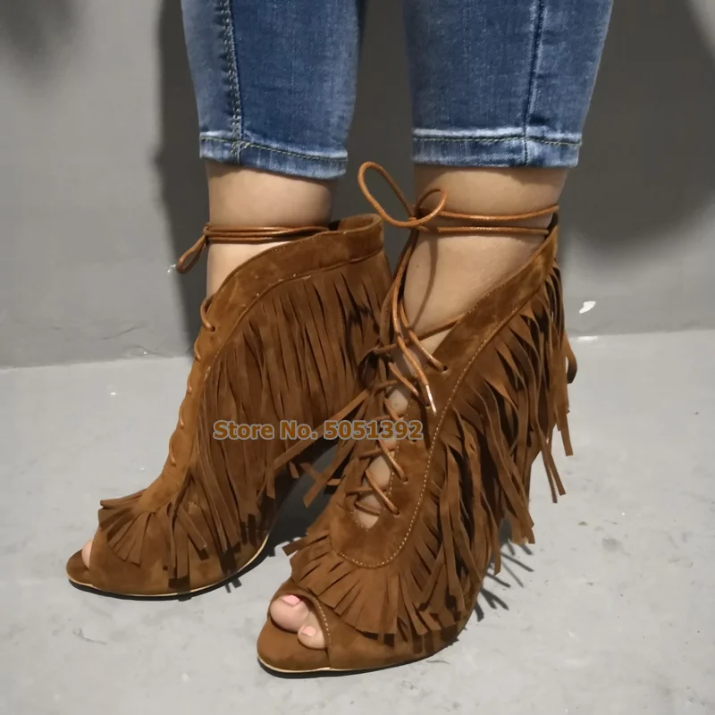 Beli Wanita Tinggi Tumit Suede Fringe Cross-Tied Lace-Up Stiletto Sandal Peep Toe Musim Panas Sepatu Bot Pendek Fashion Rumbai Ukuran Besar