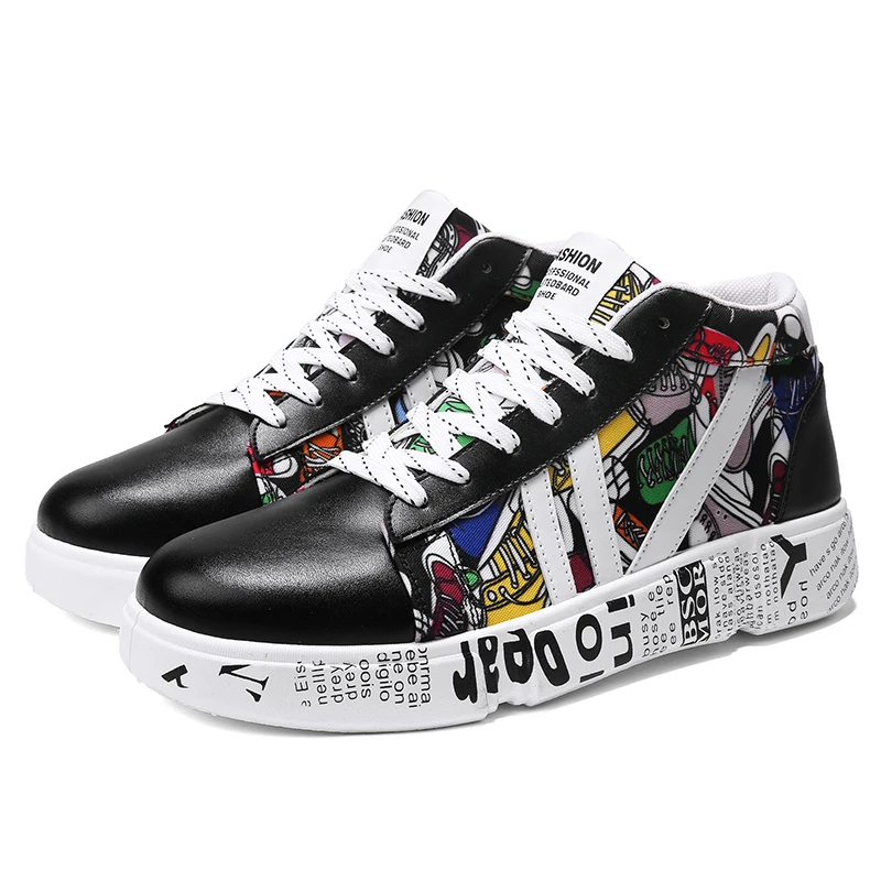 black TYDZSMT Graffiti Sneakers Autumn Winter High Top Lover Shoes PU Woman Sneakers White Shoes Plus Size Zapatos De Mujer - Цвет: black