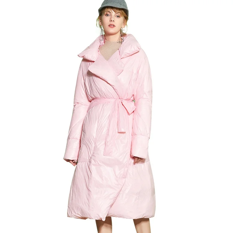 Новинка 2019 зимнее утепленное пальто с поясом и длинным рукавом Длинное свободное