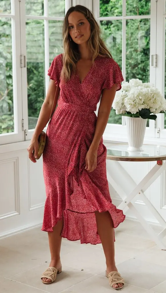 2019 Summer New Women Sexy V Neck Dress Dot Print Lady Short Sleeve Ruffles Fashion Dresses Femal Elegant Long | Женская одежда