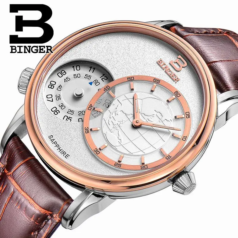 Genuine Switzerland BINGER Brand Men quartz sapphire watch traveler series leather strap waterproof Two Multiple time zones GMT