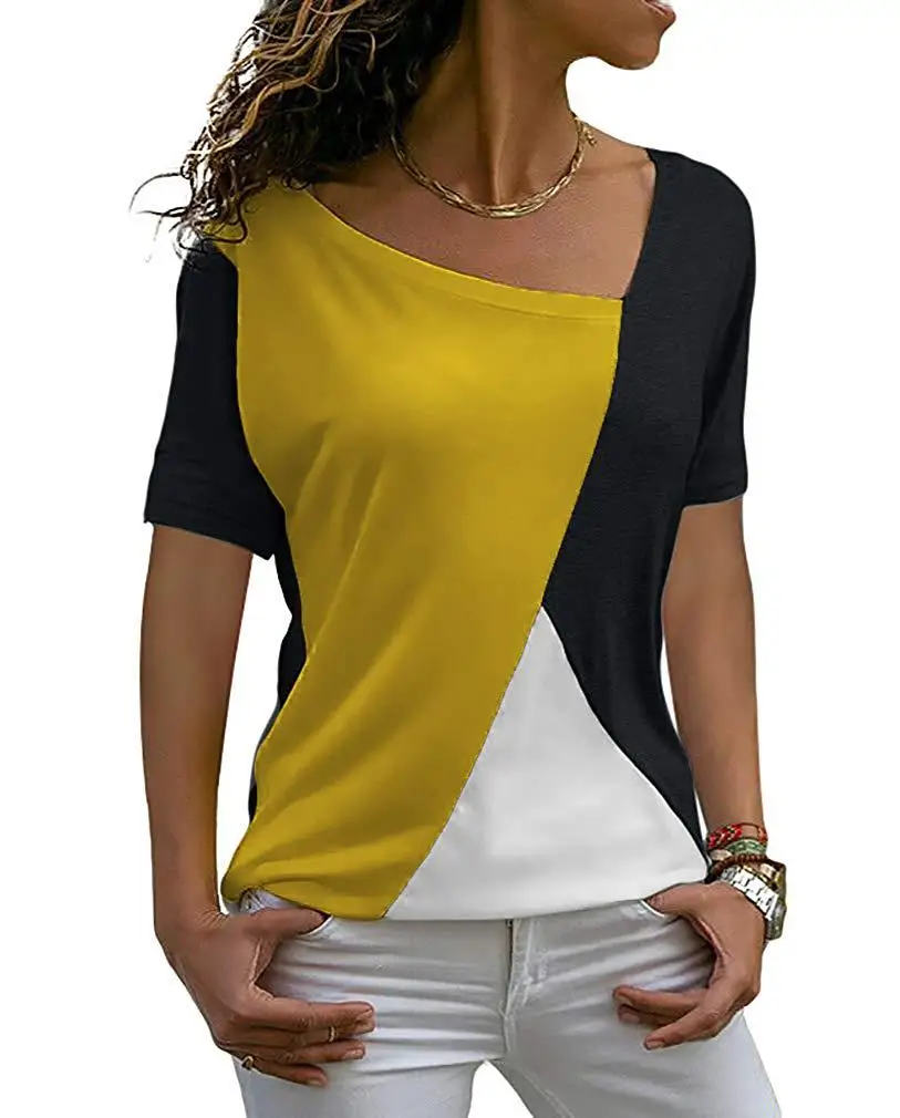 

Женская футболка с коротким рукавом, Повседневная Свободная уличная футболка составного кроя с v-образным вырезом, лето 2019