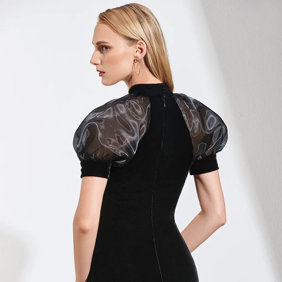 Черное платье с высоким воротом Dressv вечернее на молнии коротким рукавом для