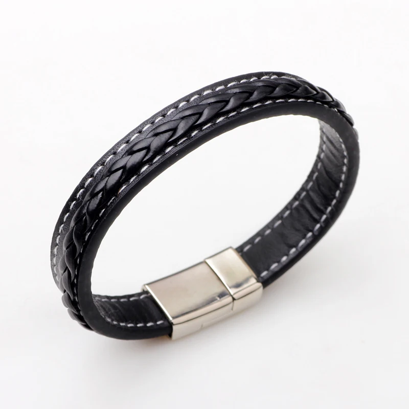 Vintage Black Brown Genuine Leather Bracelet Men Magnet Clasp Stainless Steel Cuff Bracelets Bangles Male Fashion Jewelry|leather bracelet|leather