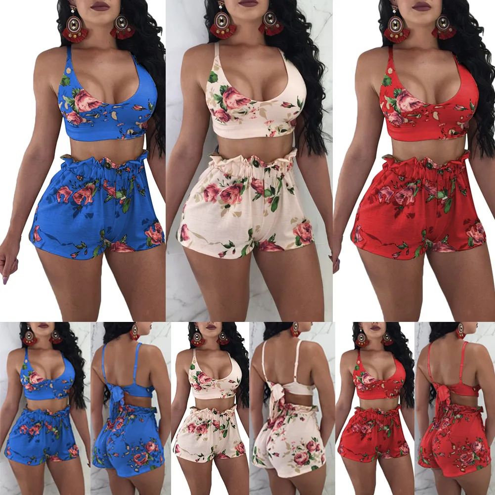 Женские летнее пляжный отдых Slim Fit Low cut Sexy Backless Printed Sun top Vest короткие брюки