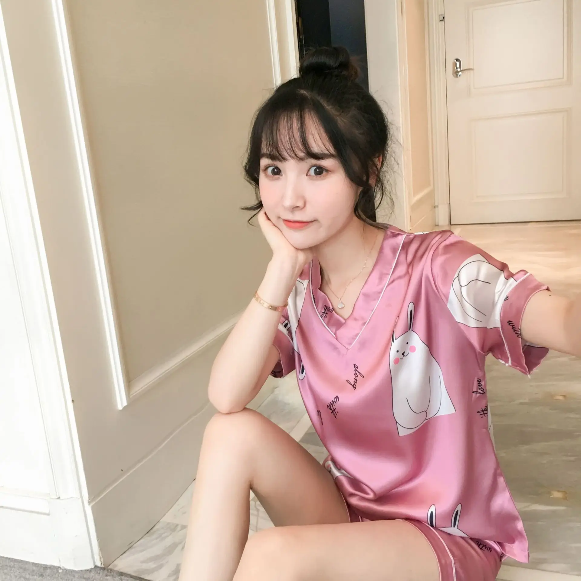 Pajama girls summer ice silk short sleeves two pieces of suit Korean fresh sweet lovely students thin silk home clothes
