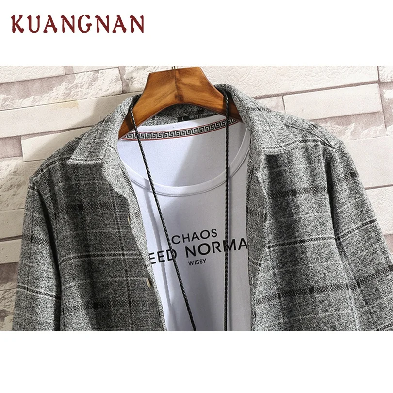 KUANGNAN японский стиль клетчатая фланелевая рубашка для мужчин уличная одежда