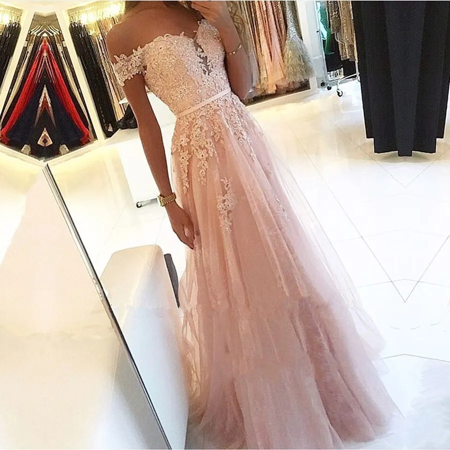 

Pink 2019 Prom Dresses A-Line Off the Shoulder Sweetheart Beaded Lace Tulle Long Prom Gown Evening Party Dresses Robe De Soiree