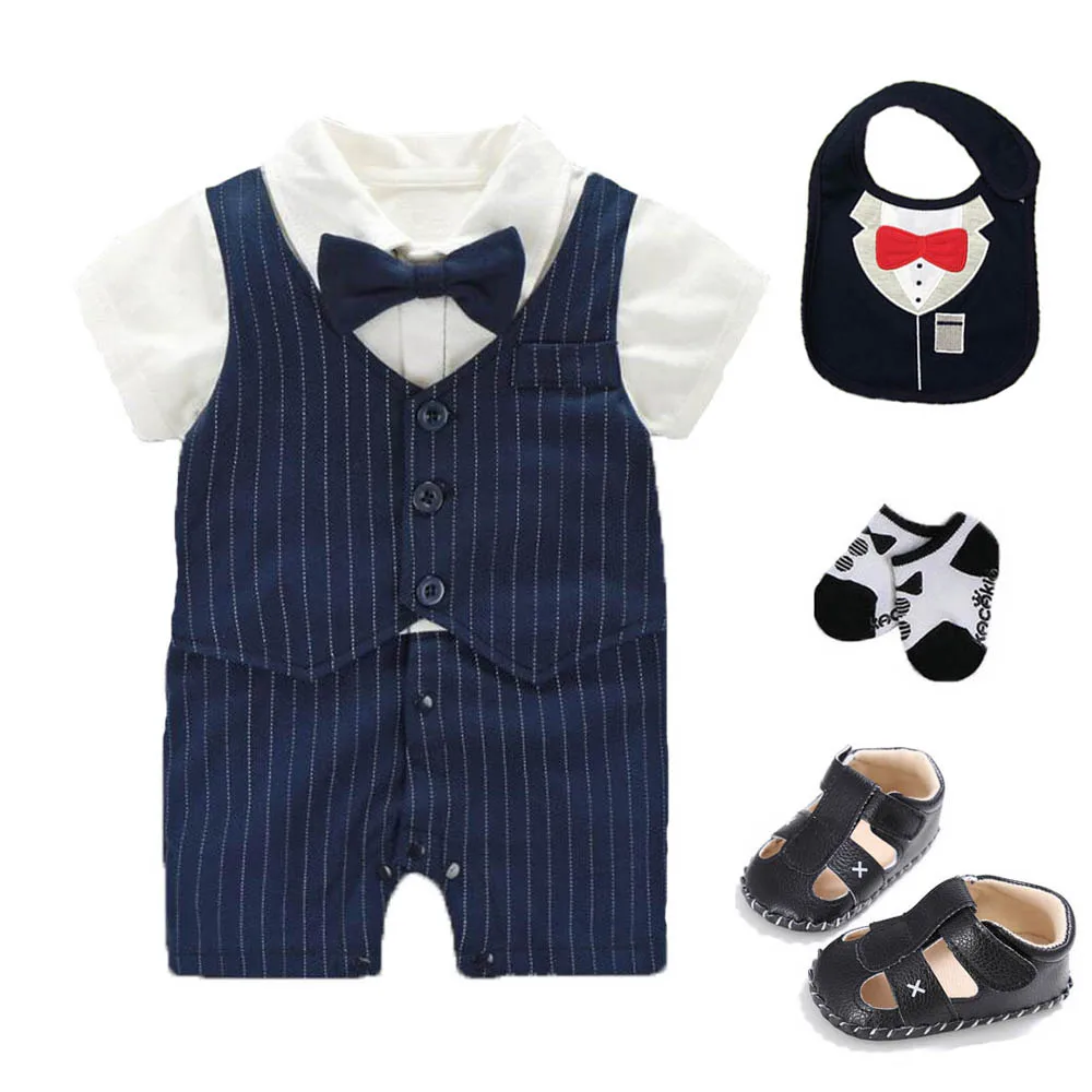 4 pcs summer-- blue Костюм-смокинг для свадебной вечеринки для новорожденных мальчиков, костюм для малышей 0-18 месяцев: боди+ шапка+ носки+ обувь, комплект одежды, подарок для маленького джентльмена - Цвет: 4 pcs summer-- blue