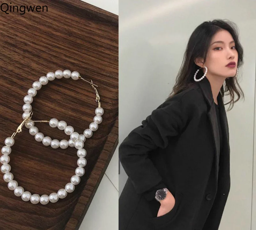 Модные серьги кольца Qingwen с жемчугом 4 6 см для женщин 2019 увеличенные большие