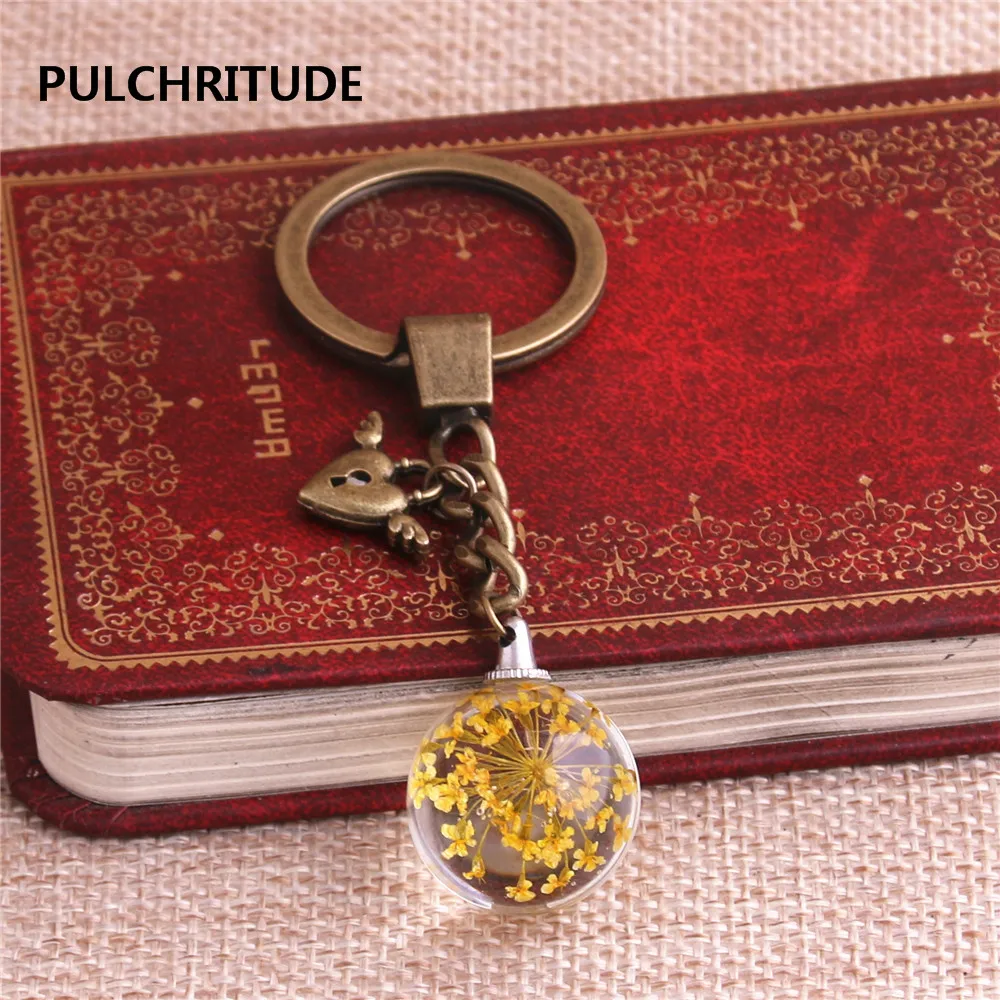 PULCHRITUDE 2 шт./партия металлический брелок хрустальный стеклянный шар кулон с высушенным цветком крылья сердце Шарм кольцо для ключей ювелирные изделия Diy C0581