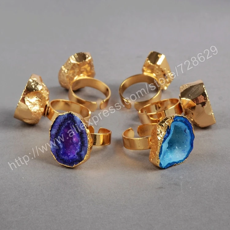 BOROSA 5pcs Dyed Colors Natural Agates Druzy Geode Ring Freeform Cave Small Drusy Gold Band Rings Gems Jewelry G0140 | Украшения и