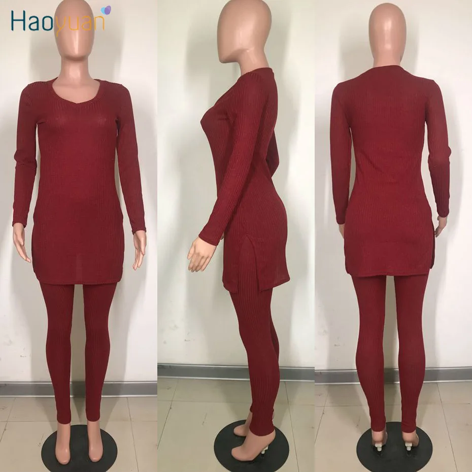 HAOYUAN/женские комплекты из двух предметов осенне-зимние комплекты с длинными топами и штаны бодикон спортивный костюм осенняя одежда трикотажный спортивный костюм