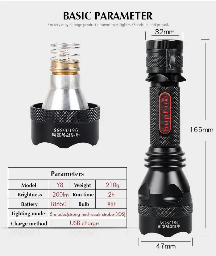 Supfire Y8 USB тактический фонарик Cree Q5 350 люмен Водонепроницаемый IP67 Светодиодный