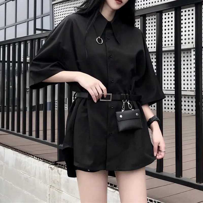 Женские офисные рубашки черные большие размеры свободные с отворотом на кнопках