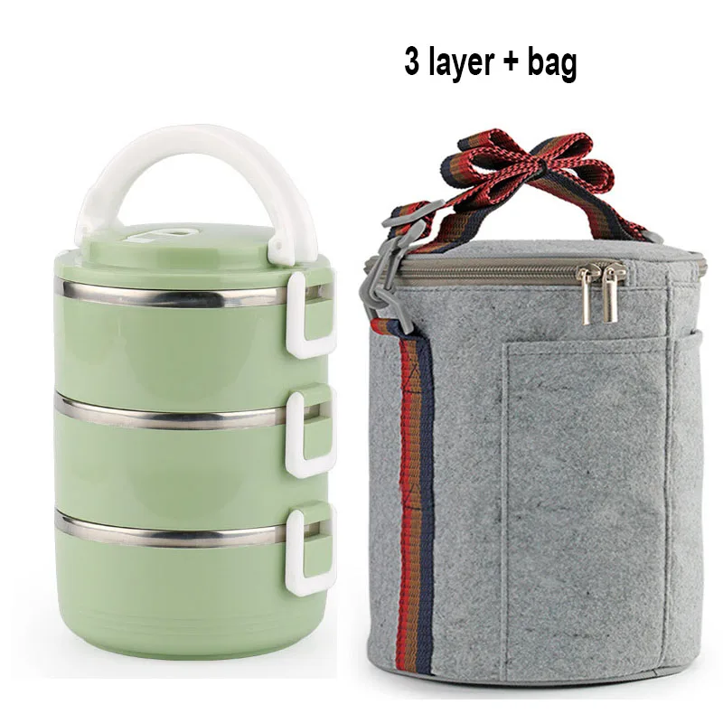 3 Layer (Green) Bag Японский Ланч-бокс, термоконтейнер для еды, Bento box из нержавеющей стали, ланчбокс для детей, портативный, для пикника, школы, утолщенный контейнер для еды - Цвет: 3 Layer (Green) Bag