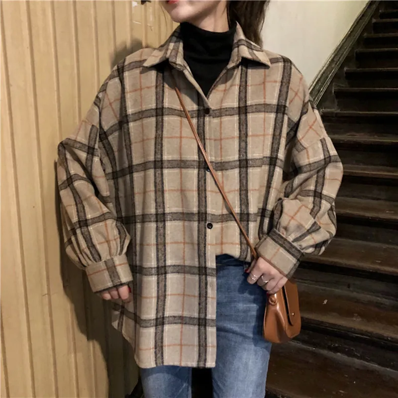 Blusas femininas, элегантные осенние корейские новые повседневные клетчатые свободные рубашки с отложным воротником и рукавами-фонариками, женские рубашки ulzzang