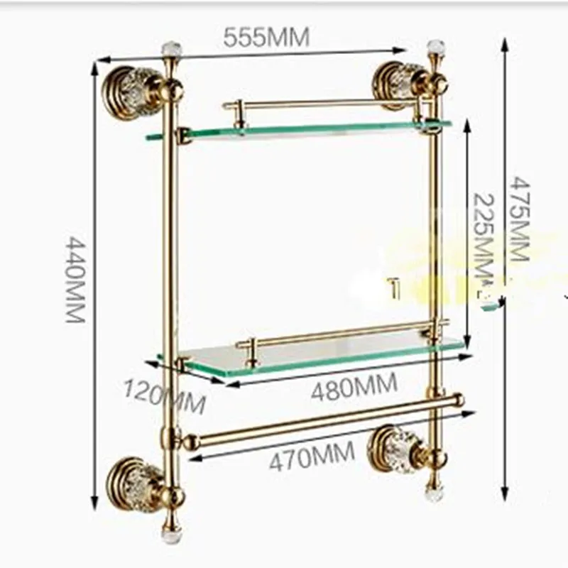 Настенная полка для ванной комнаты с золотистыми кристаллами|double glass shelf|bathroom