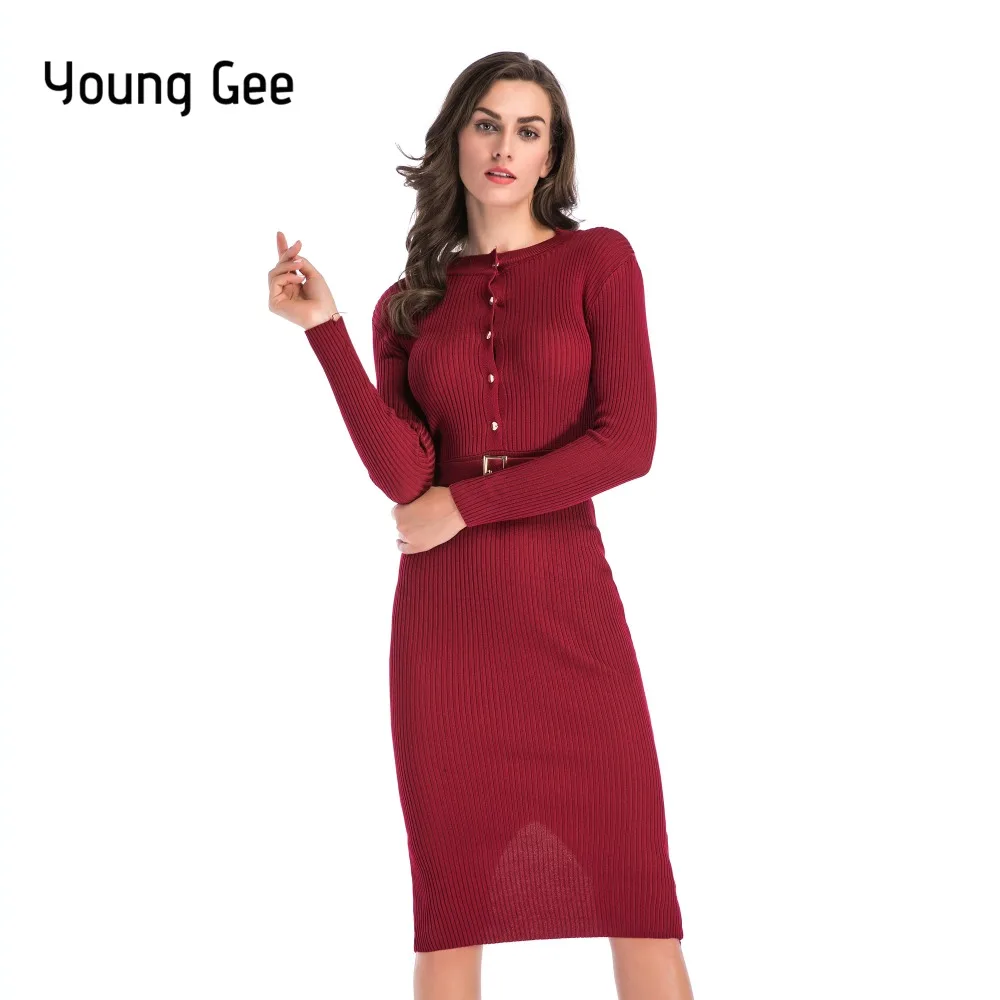 2018 Модные Узкие посылка Бедра Вязаные платья с поясом облегающее Vestido Осень