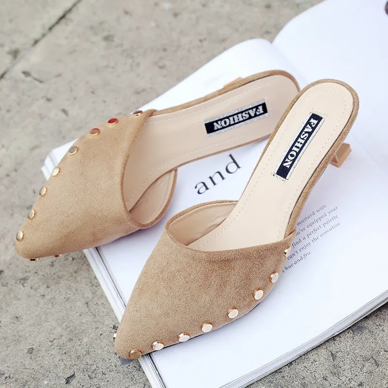 Женские босоножки без задника красные туфли на среднем каблуке с заостренным