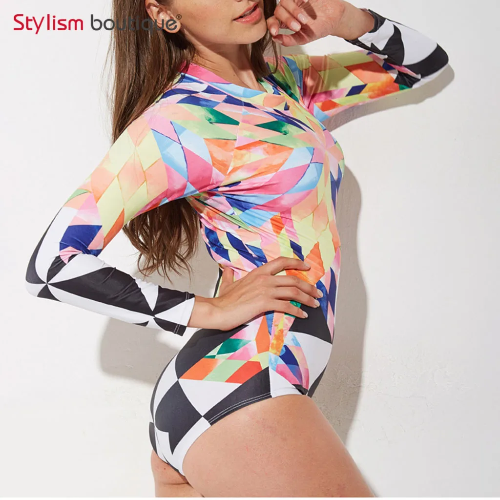 2018 геометрический принт Рашгард серфинг купальник женский длинный рукав