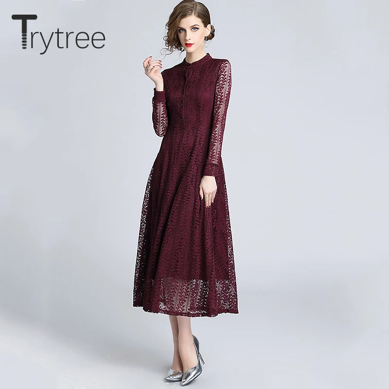 Женское кружевное платье Trytree однотонное темно красное офисное трапециевидной