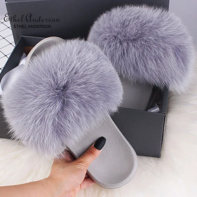 Ethel Anderson Summer Women's Fur Slippers Real Fox Fur Furry Slippers Best Plush Fox Hair Fluffy Slippers Flat Sandals