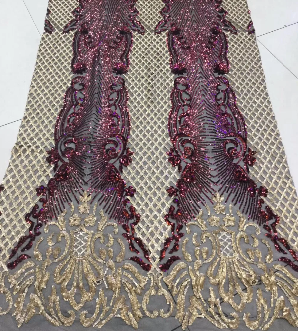 

New African French Lace 3mm double color high density sequins with Sprinkled gold sequins on mesh embroidery lace fabric 5yards