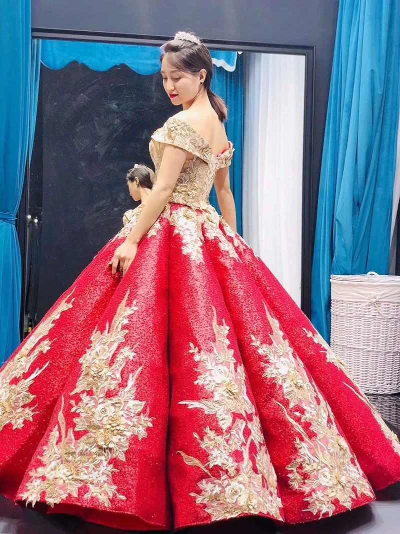 J66704 janceber красное 15 лет Quinceanera платье с открытыми плечами пышные бальные платья