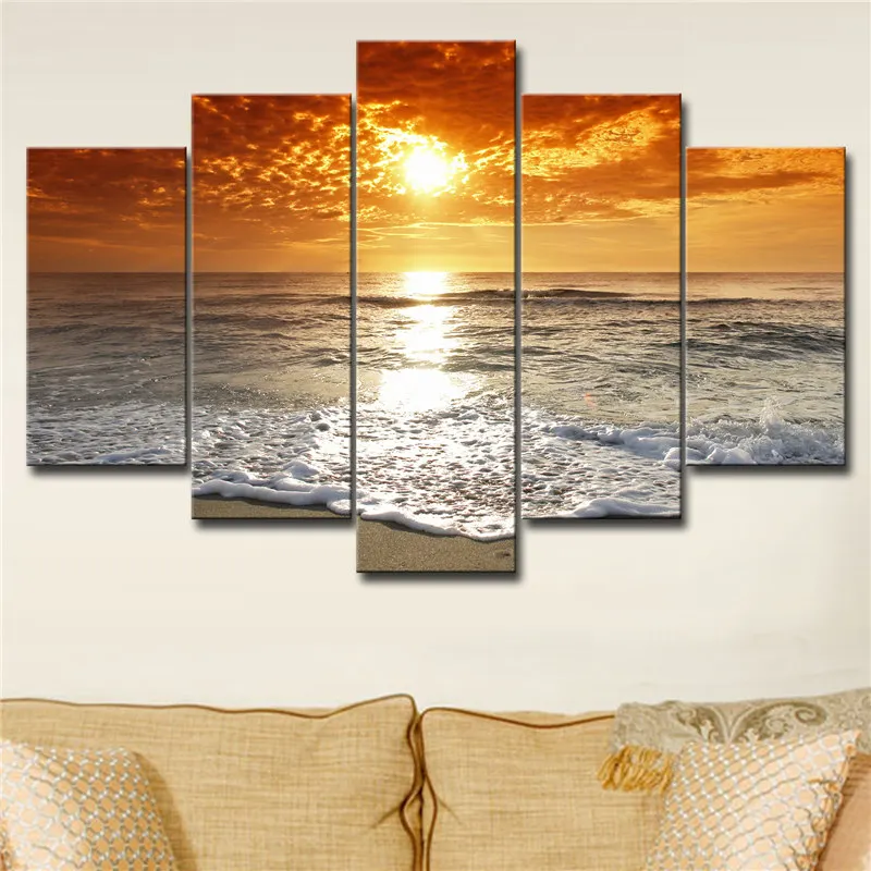 

5 Panels Waterproof Canvas Painting Sunrise Beach Seascape Print Home Wall Hanging Art Oil Prints Pictures Modular Poster