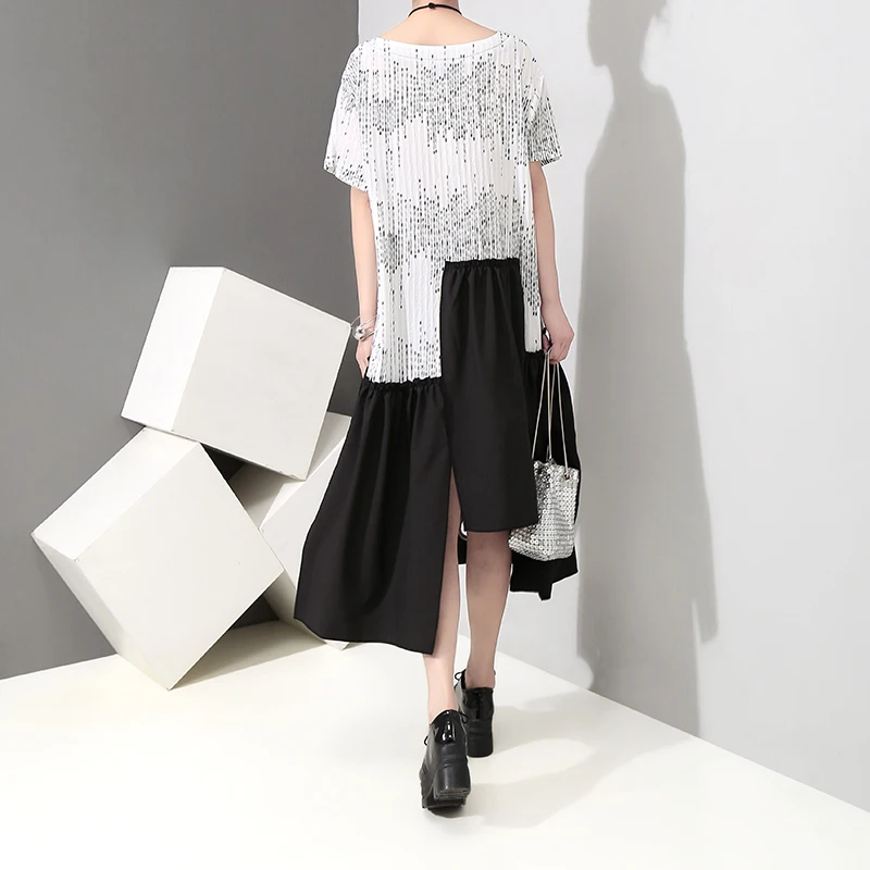 New 2019 Summer Women Black Patchwork Dress Metal Holes Open Hem O Neck Ladies Casual Loose Style Tshirt Robe Femme 4986 | Женская