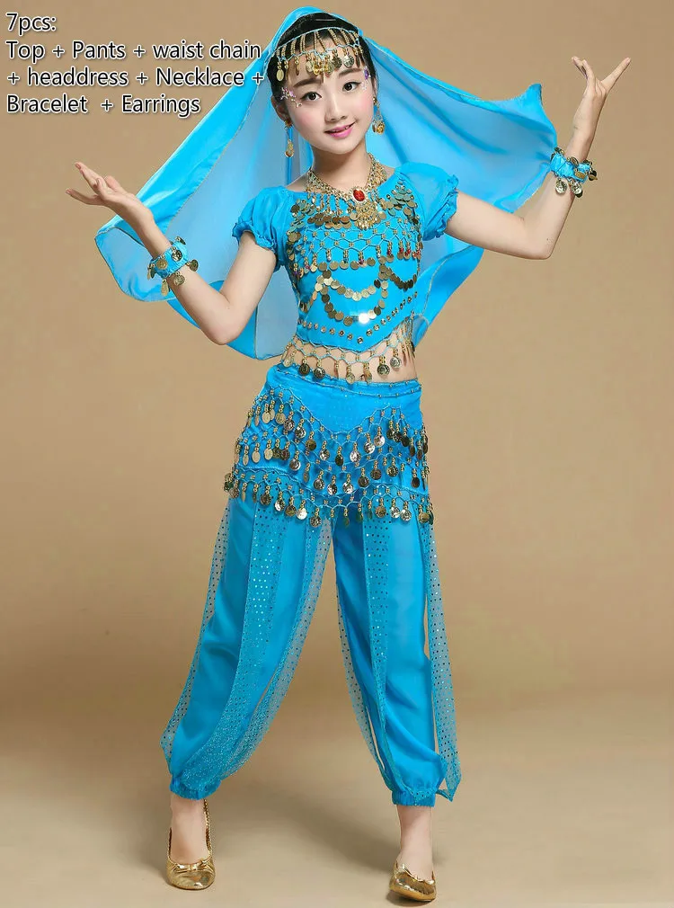 7pcs light blue Детский костюм для танца живота для девочек, Детский костюм для выступлений, индийский танец живота, сексуальный Египетский танцевальный костюм, Одежда для танцев, 6 цветов - Цвет: 7pcs light blue