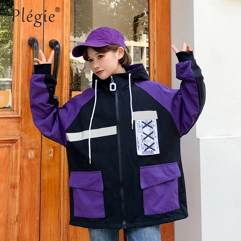 Plegie Harajuku Женская куртка большого размера в стиле пэчворк, весна, новая верхняя одежда, пальто в стиле хип-хоп, уличная одежда, свободные BF стильные куртки с капюшоном