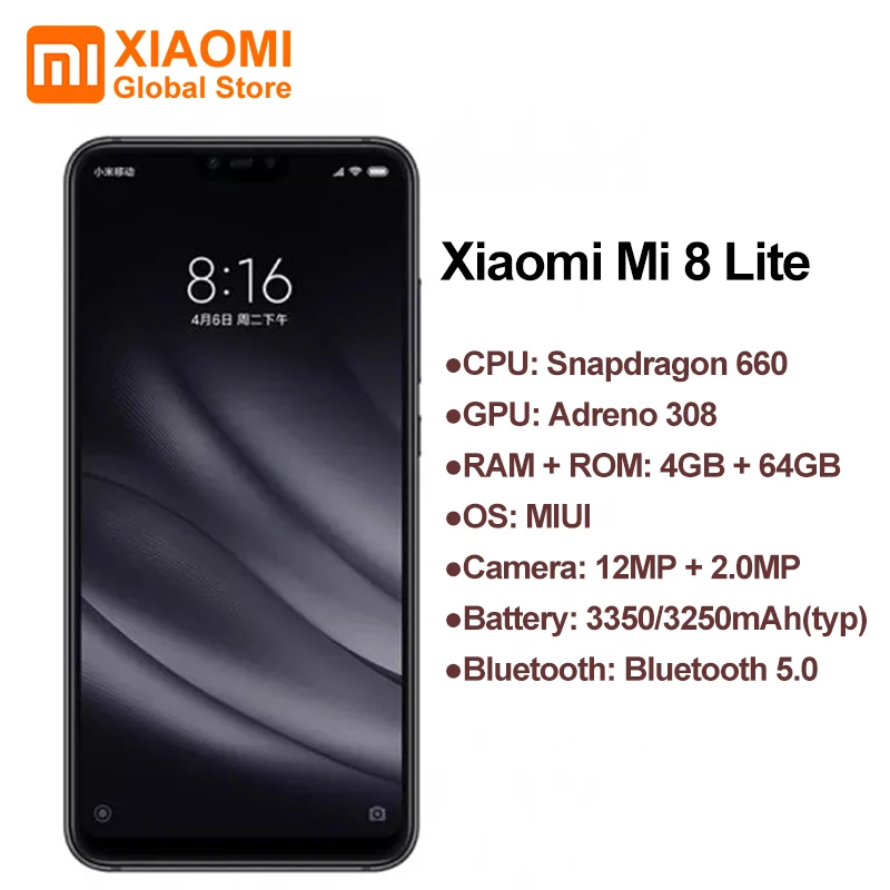 Глобальная версия Xiaomi mi 8 Lite 4GB 64GB мобильный Snapdragon 660 Octa Core Две sim карты смартфон 24MP