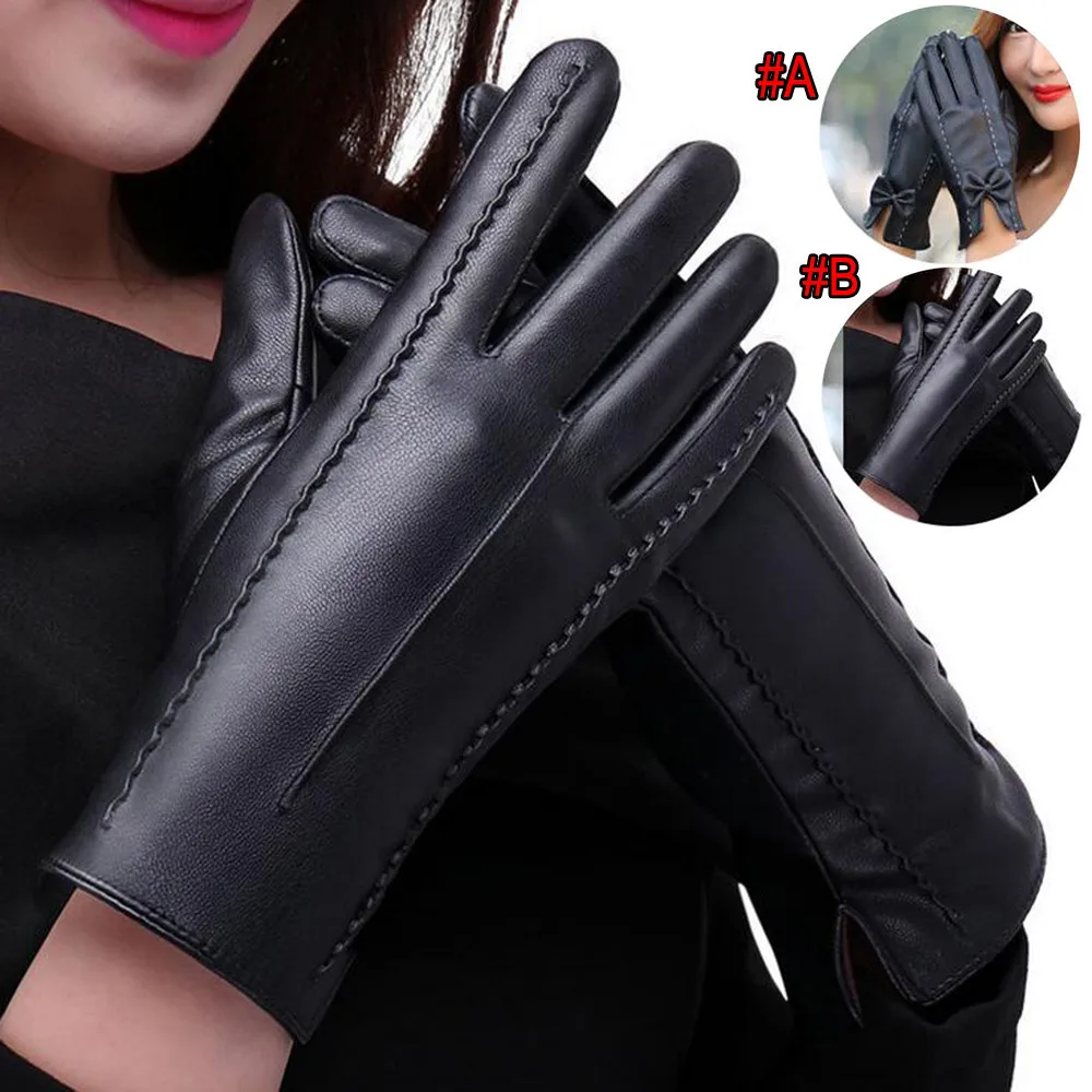 Женские кожаные перчатки guantes осенне зимние теплые бархатные рукавички с бантом