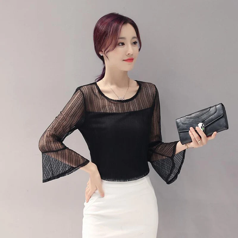Fashion Three Quarter Flare Sleeve Chiffon Blouse Women 2018 Sexy Lace Mash Perspective Blusas Slim Top Plus Size Blouses LY897 | Женская