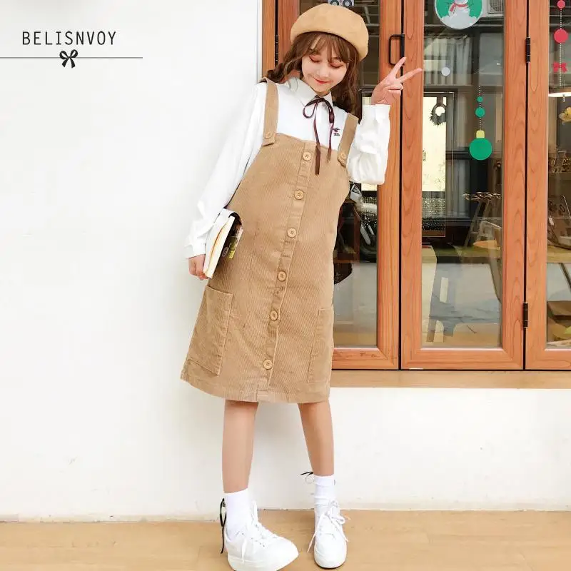 Женское вельветовое платье на бретельках элегантное без рукавов в японском