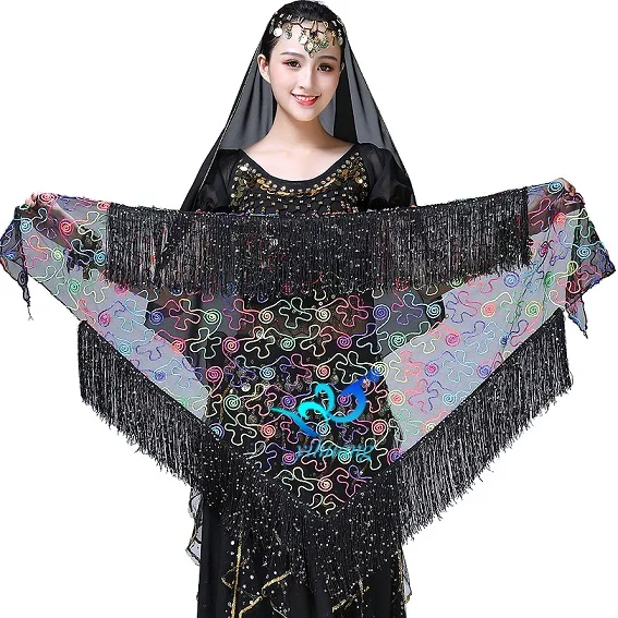 Multi-Black Костюм для танца живота, женский шарф для танца живота, пояс для выступлений, шаль, сетка с блестками и накидка с бахромой, юбка, треугольная юбка - Цвет: Multi-Black